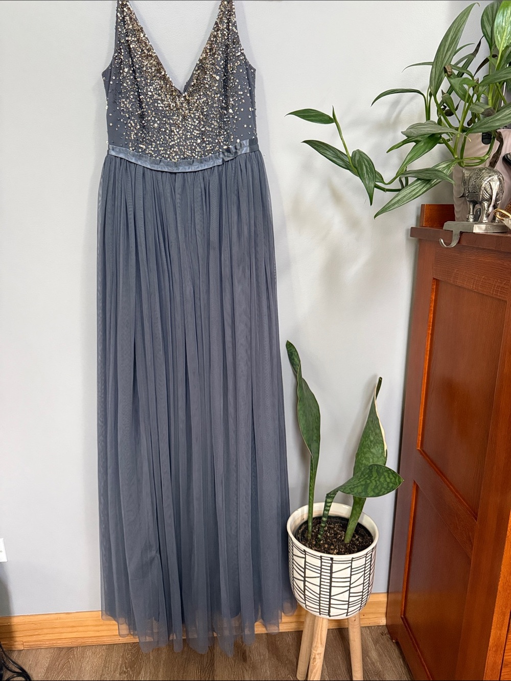 BHLDN Slate Gray Sequined V-Neck Tulle Gown. Formal dress .